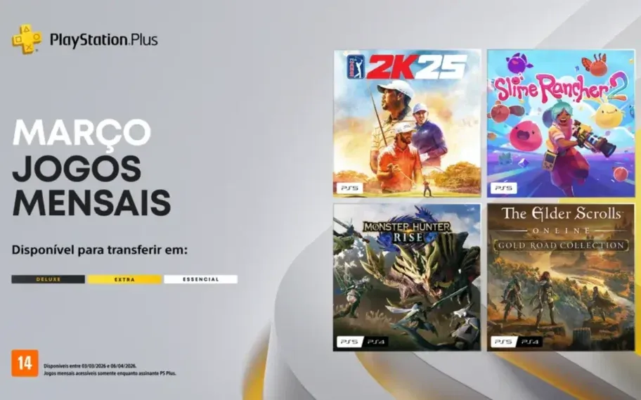 PS Plus de março de 2026 traz Monster Hunter Rise, PGA Tour 2K25 e mais